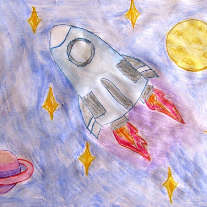 Космос рисунок для детей. Рисунок на тему космонавтики. Рисунок ко Дню космонавтики. Рисунок на день космонавтики для детей.