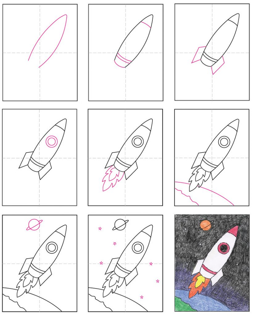 Рисуем космос 3 класс поэтапно. Ракета рисунок. Рисование ракета. Поэтапное рисование ракеты. Рисование Космическая ракета.