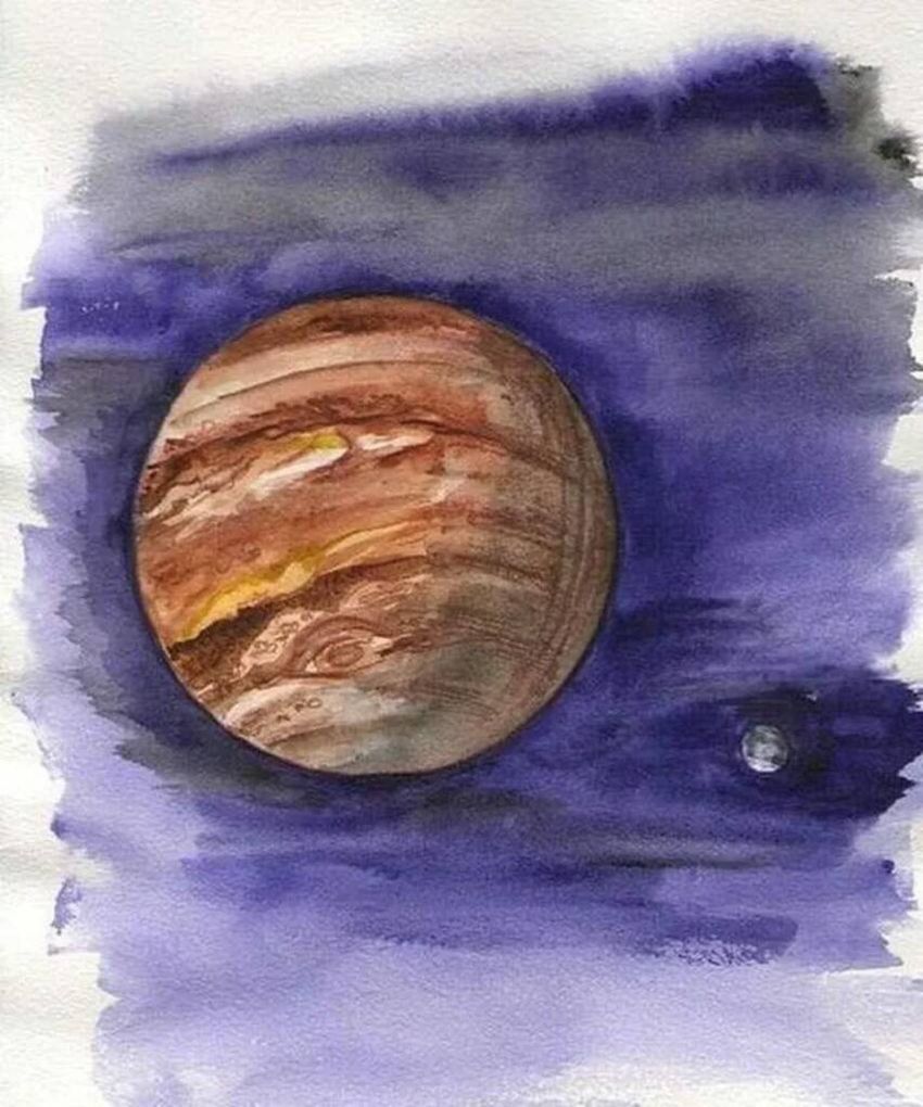 Рисунок планетов. Юпитер рисунок. Планеты гуашью. Космос цветными карандашами.
