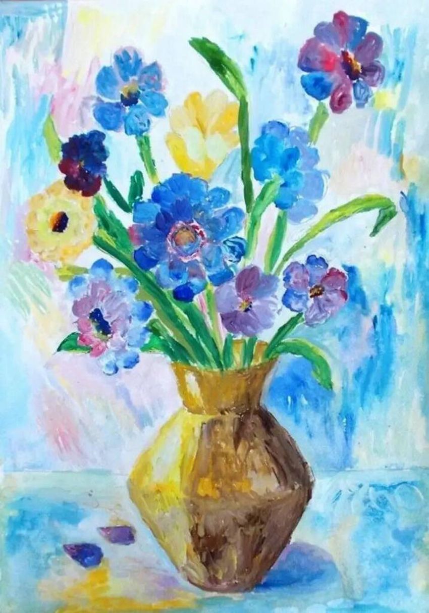Весенний букет изо. Рисование весенний букет. Ваза с цветами красками. Ваза с цветами гуашью для детей. Натюрморт ваза с цветами.