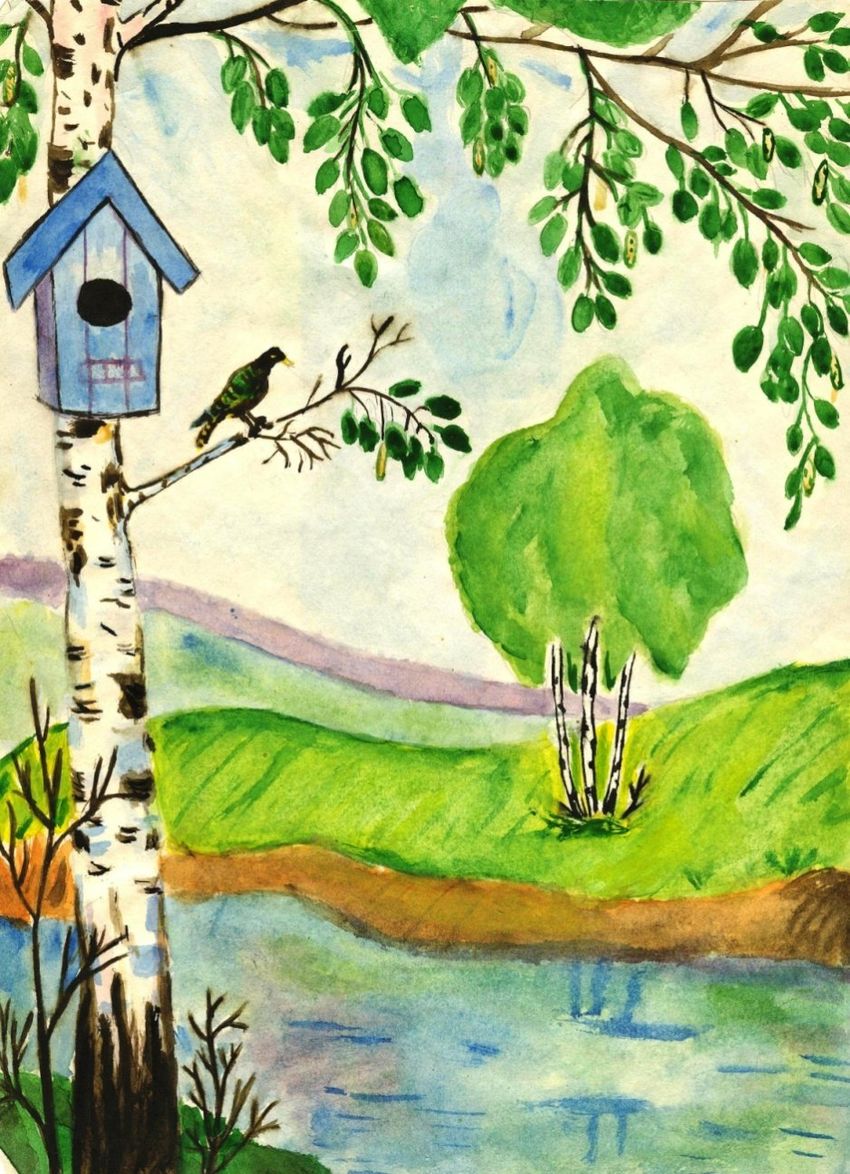 Весенний пейзаж детский рисунок. Рисунок на тему природа. Весенний пейзаж для детей.