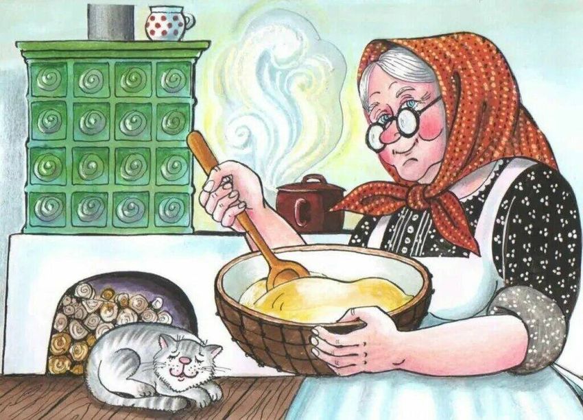 Старуха печет колобок