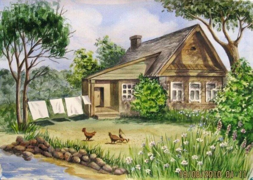 Рисунок домик в деревне