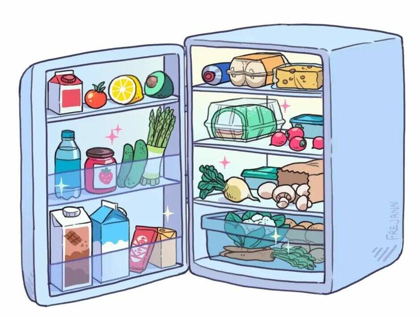 Холодильник мультяшный Холодильник с продуктами рисунок