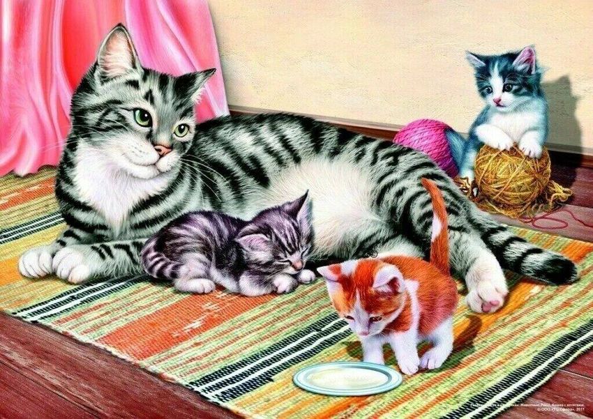 Сюжетная картина кошка с котятами